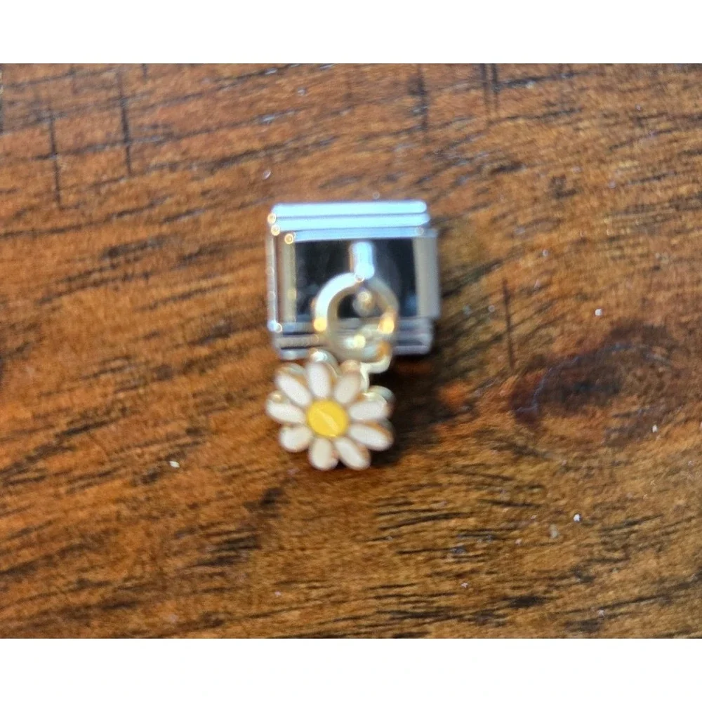 Daisy Flower Dangle Italian Charm Stainless Steel 9mm Modular Link White Yellow